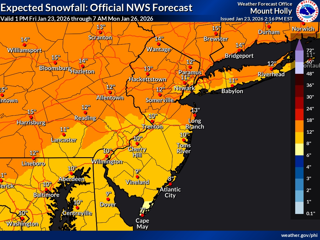 ​Snow totals have trended down slightly, but the threat of ice has increased ahead of a major storm preparing to dump up to 16 inches of snow on New Jersey this weekend.