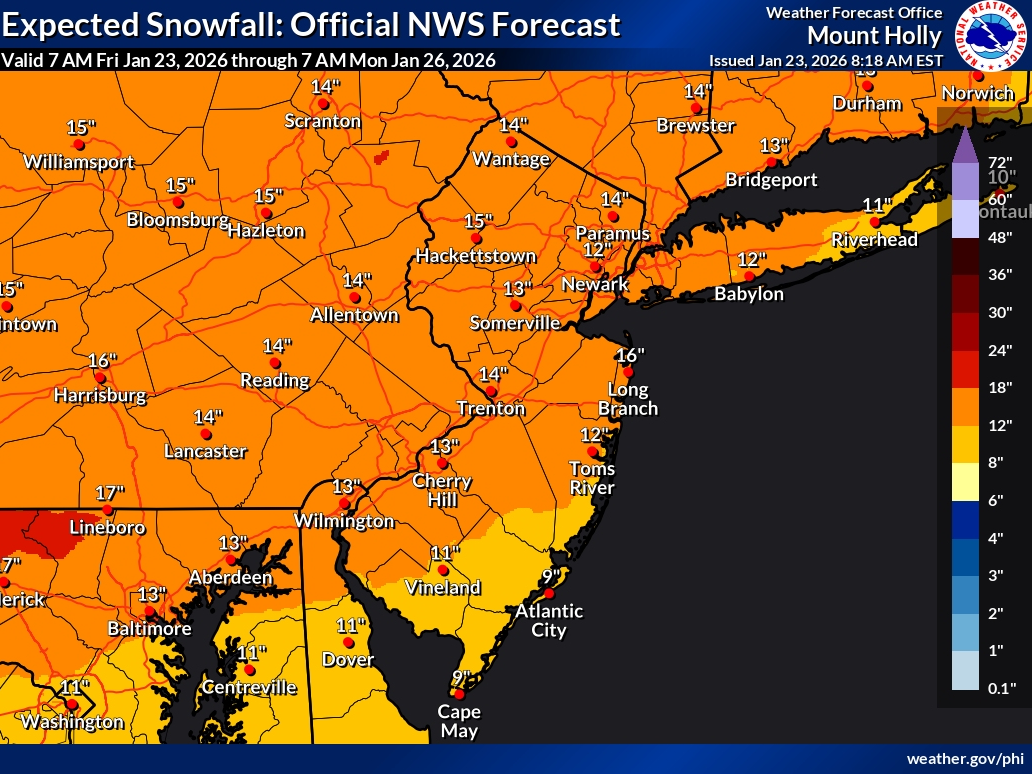 Most of New Jersey will see 12 to 18 inches of snow in this weekend's storm, according to the latest forecast.