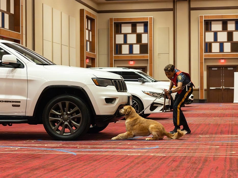 Stockton University Police Chief Tracy Stuart with her K-9 partner, Freya, run through a demonstration on how to find explosives planted in a car.
