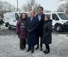 Triada Stampas, President & CEO, Fulfill; New Jersey Assembly Speaker Craig J. Coughlin; Senator Vin Gopal (D-Monmouth); & ASW Luanna M. Peterpaul (D-Monmouth) stand in front of five brand new delivery vehicles donated to Fulfill's Pantry Partners.