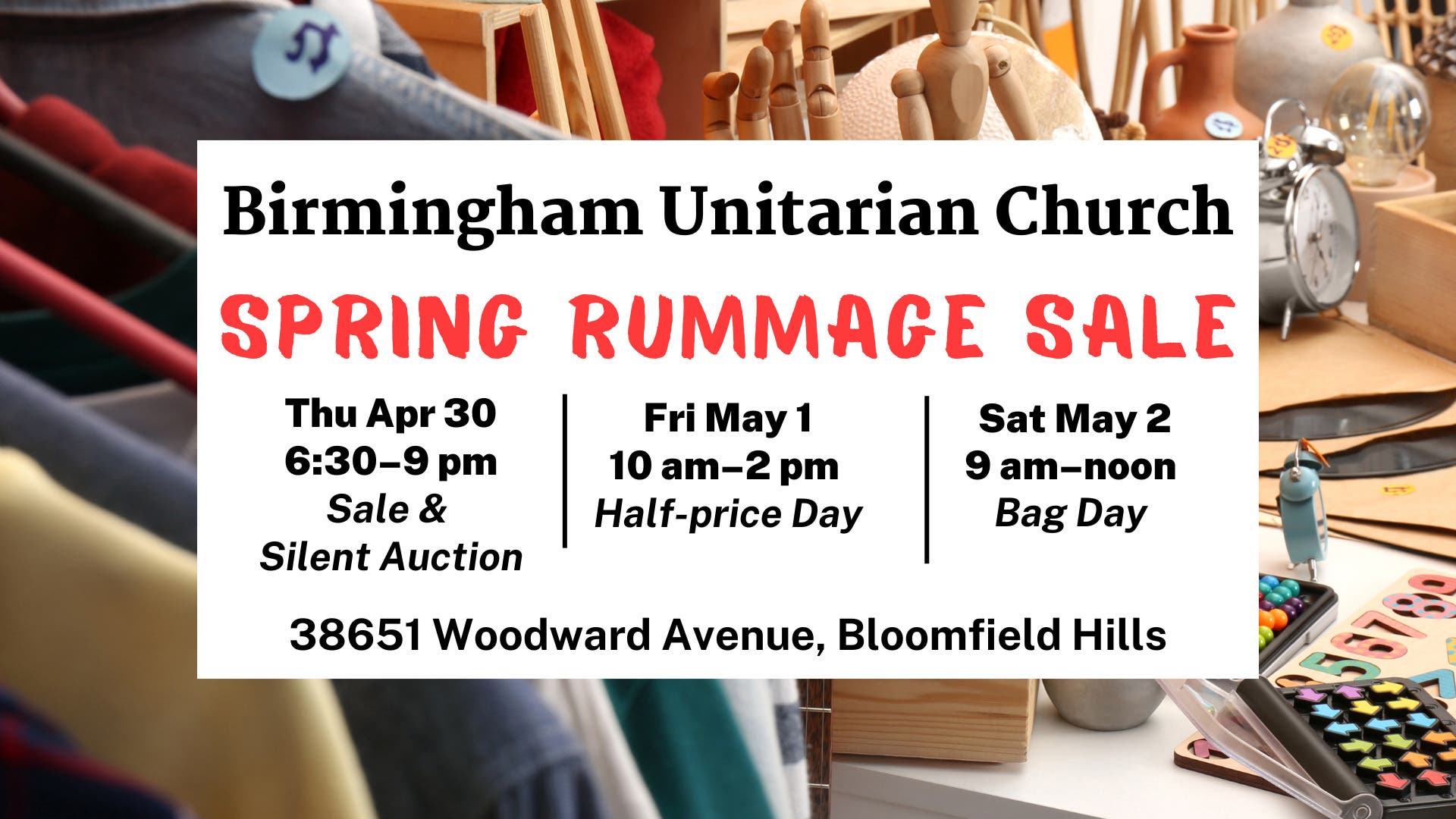 Birmingham Unitarian Church Spring Rummage Sale & Silent Auction
