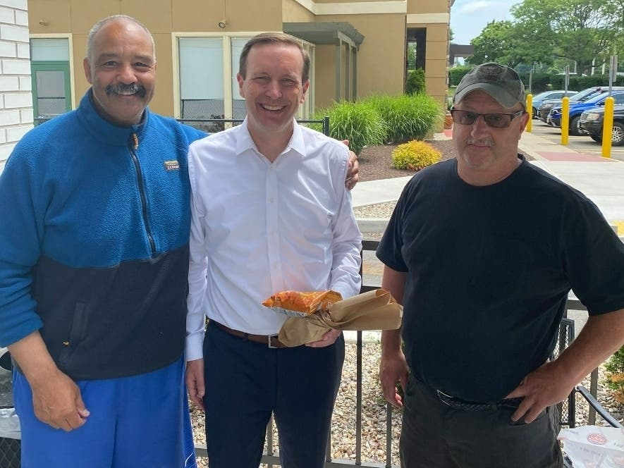 U.S. Sen. Chris Murphy was in Enfield Thursday for an event commemorating the start of a train station project. He also was treated to a free lunch from some grateful constituents at Jersey Mike's.