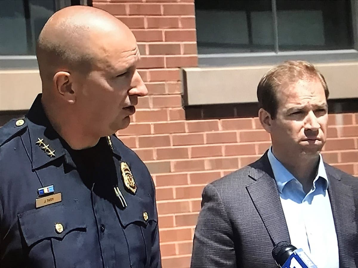 In this video still of a press conference recorded on the WFSB Channel 3 website, Hartford Police Chief Jason Thody, left, and Hartford Mayor Luke Bronin, right, speak to the media Monday following a double-fatal shooting Sunday night in Hartford.