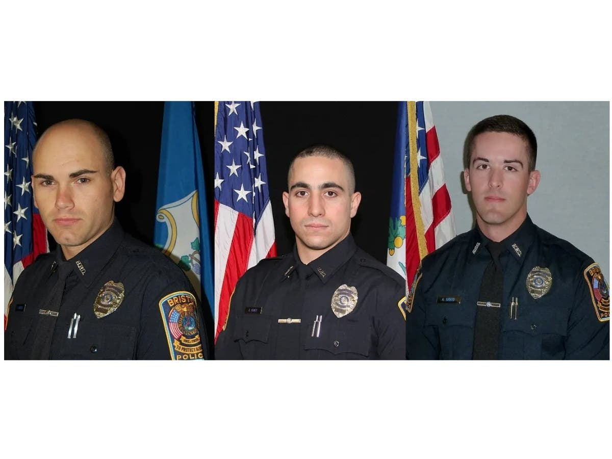 From left to right: Bristol Police Sgt. Dustin Demonte, who was killed; Bristol police officer Alex Hamzy, who was killed; and Bristol police officer Alec Iurato, who was seriously wounded.
