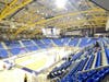 The yellow-colored ceiling cross beams give M & T Bank Arena a signature architectural feature at Quinnipiac University's basketball arena.
