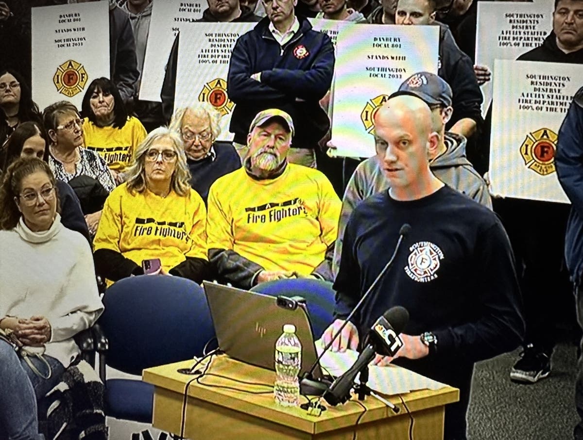 In this video capture of the Southington Town Council meeting on Monday, Jan. 22, Edwin Crandall, president of the Southington Fire Department firefighters union, speaks before council members about the ongoing labor contract dispute.