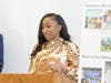 Lyzette Hicks, a survivor of teen dating violence, discusses her harrowing experience at a special forum on the topic this week at Capital Community College in Hartford.