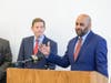 Hartford Mayor Arunan Arulampalam speaks at Capital Community College this week at a forum on teen dating violence. Looking on is U.S. Sen. Richard Blumenthal, D-Conn.