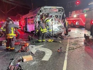 This serious accident happened on March 1, 2023, in which a bus and a tractor-trailer collided at the intersection of Albany Avenue (Route 44) and Trout Brook Drive. West Hartford officials voted Feb. 27 on a lengthy plan to improve traffic safety.