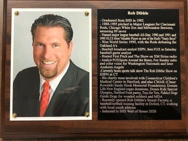 An example of a Southington High School 'Wall of Honor' recipient. This is the plaque for ex-major league hurler Rob Dibble, who won a World Series for the Cincinnati Reds after graduating from SHS.