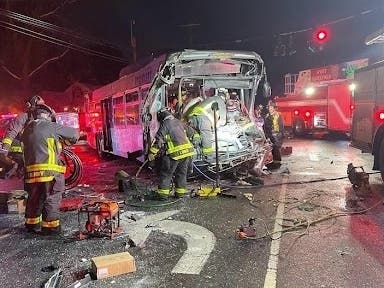 The Town of West Hartford is getting more than $3 million from the federal government to improve roadway safety in town and, hopefully, prevent accidents such as this one in the town. Above, a bus and truck collided on March 1, 2023, on Route 44.