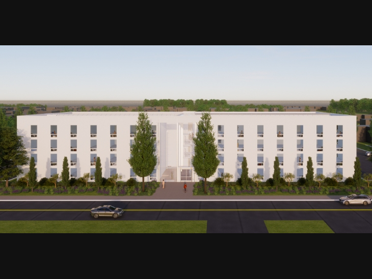 This architectural rendering shows what a developer plans to build at a former nursing home site in West Hartford. The proposal is to build 112 units of multi-family housing.