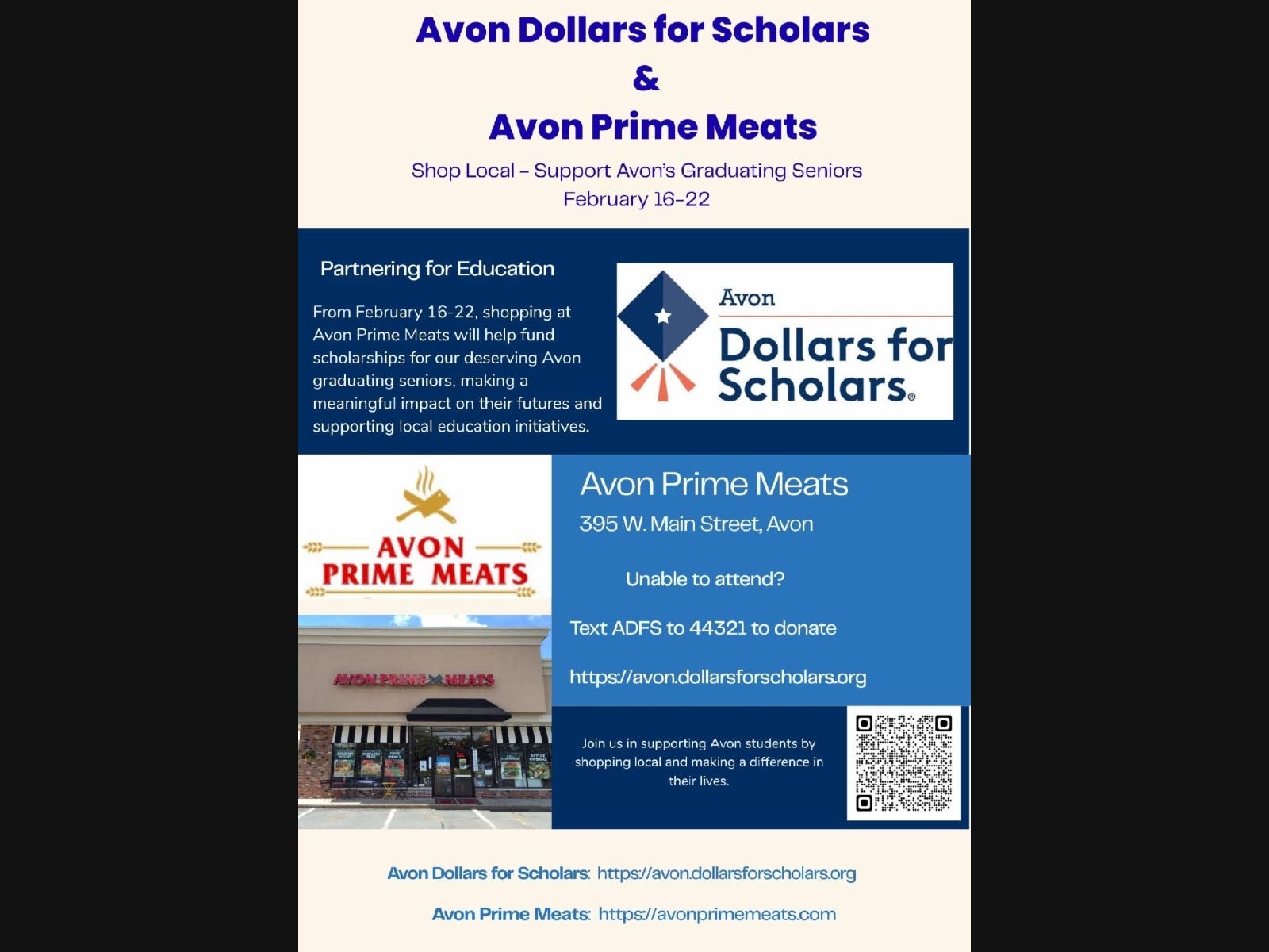 Avon Dollars for Scholars and Avon Prime Meats are teaming up next week for a special fundraiser to raise money for scholarships for high school graduates from Avon.