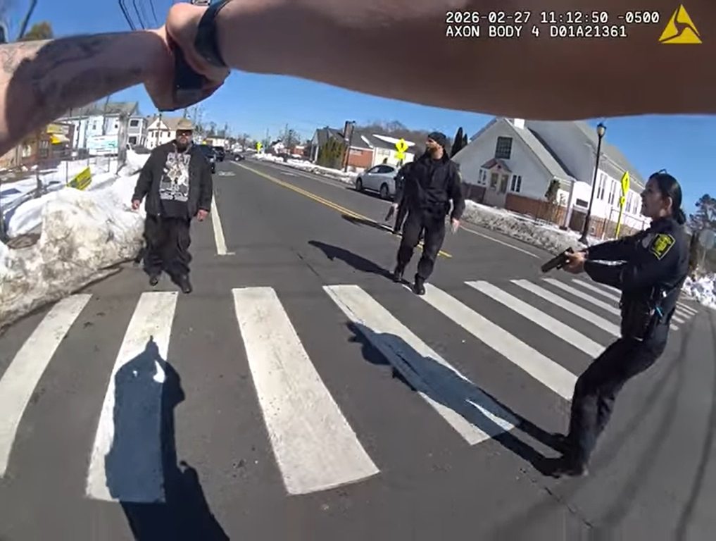 This video still shows the moment just before the Hartford Police Department officer Joseph Magnano shot and critically injured Steven Jones, who was wielding a knife, in the Blue Hills neighborhood on Friday, Feb.27.