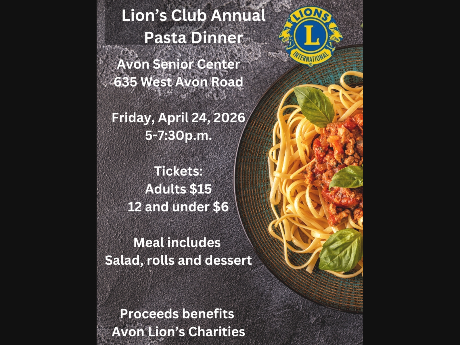 The Avon Lions Clubs' annual pasta dinner will take place later this week, raising money for several local causes.