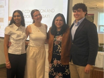 From Left: Farmington HS student Tejaswi Sirikonda (first place), Farmington HS student Maya Kutz (second place), guest speaker state Sen. Sujata Gudkar-Wilcox, D-Trumbull, and Conard HS student Jackson Hardman (third place).