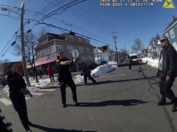 This body camera footage of a Hartford police officer shows former Hartford cop Joseph Magnano on Feb. 27 shooting and killing city resident Steven Jones on Blue Hills Avenue, who had a knife in his hand. Magnano was charged with a crime on Monday.