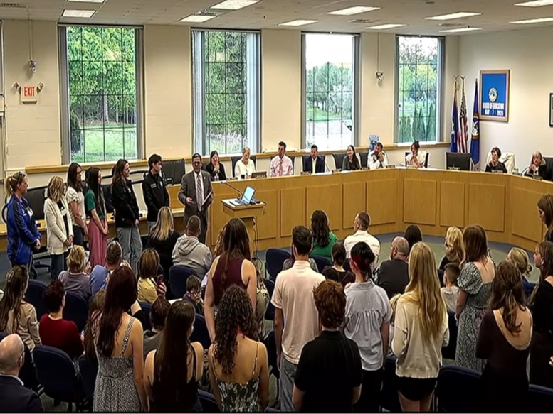 The Southington Board of Education earlier this month honored the Southington High School Winter Color Guard squad for their world championship in Dayton, Ohio, last month.