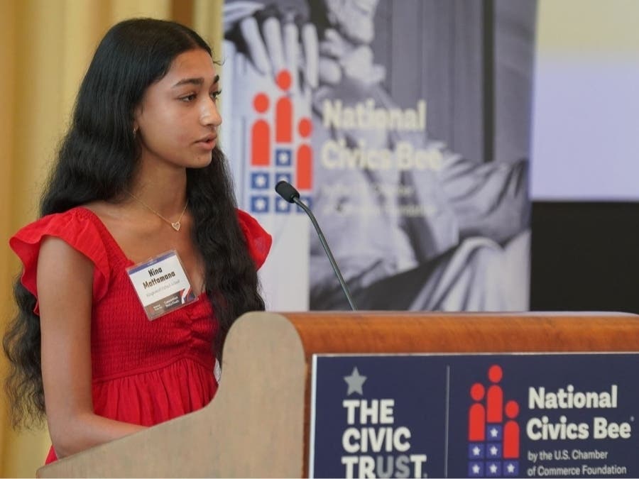 Farmington resident Nina Mattamana, an eighth-grade student at Kingswood Oxford School in West Hartford, took first place at the National Civics Bee Connecticut State Finals on June 6.