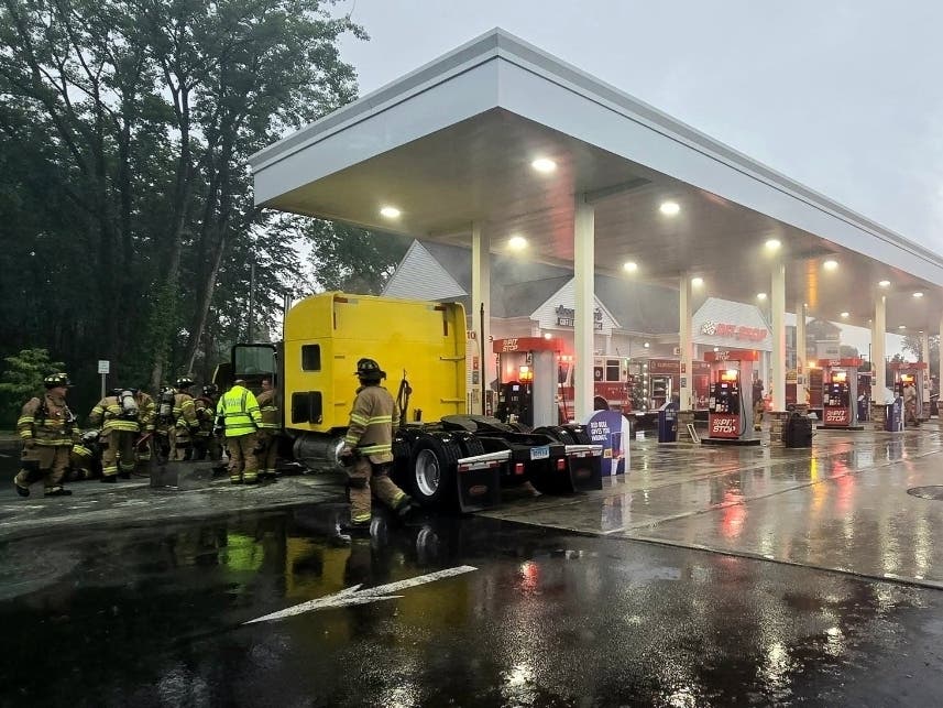 Firefighters rushed to a gas station in Berlin Monday afternoon after a tractor-trailer cab erupted in flames while at a gas pump.