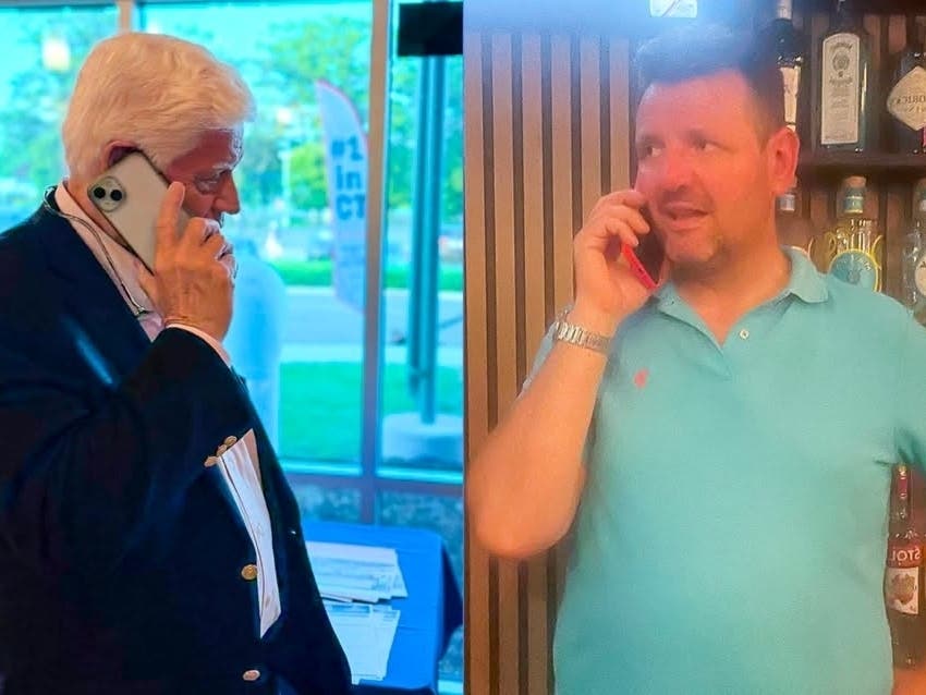 This image, released Friday by U.S. Rep. John Larson, D-1st District, left, shows him talking to West Hartford restaurateur Seyo Cecunjanin, who was released by federal ICE officials Thursday night after being detained for two weeks.