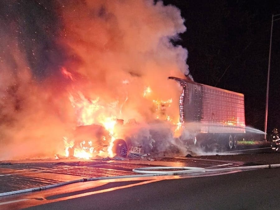 A tractor-trailer full of food was destroyed Friday night in Southington after catching fire on Interstate 84.