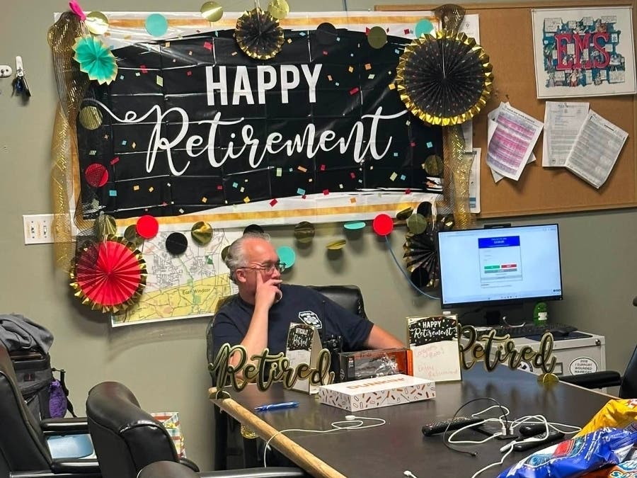 Enfield EMS honored Senior Paramedic Rob Lowe, seen here relaxing on his final day this week, after he retired after 19 years of service to the town and nearly four decades in emergency medical services.