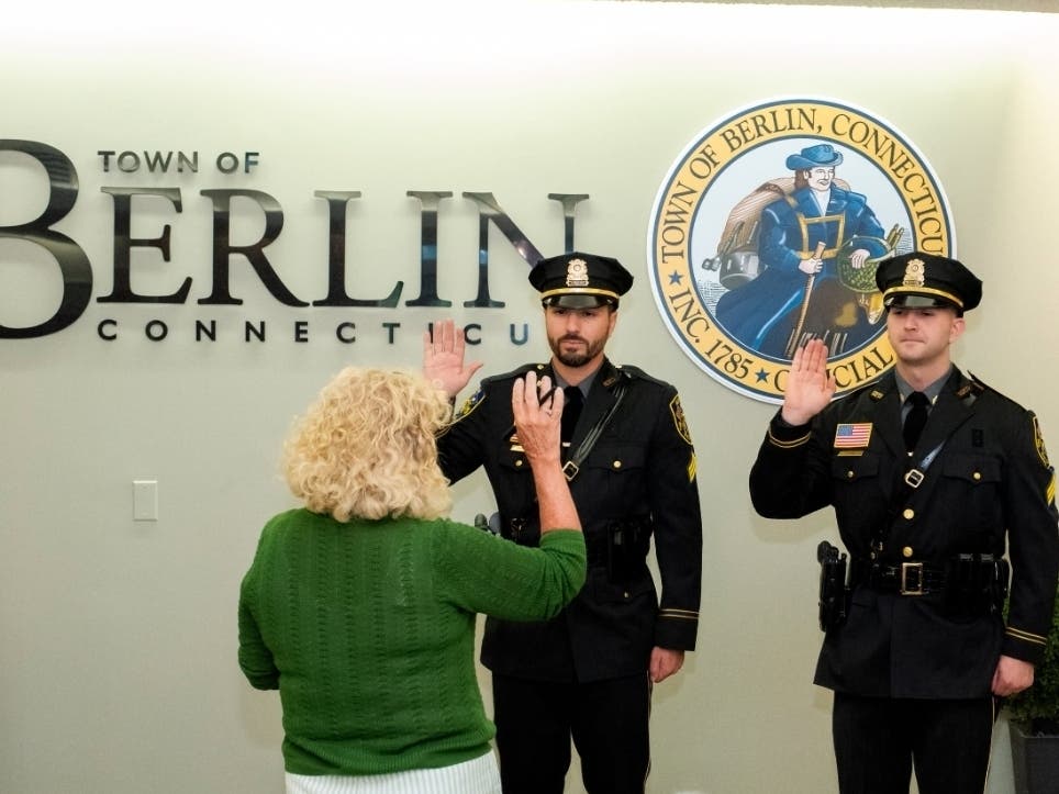 Berlin PD Youth Detective Kevin Chaffee and Officer Christopher Lajoie were officially promoted to sergeant during a ceremony Wednesday at Berlin Town Hall.