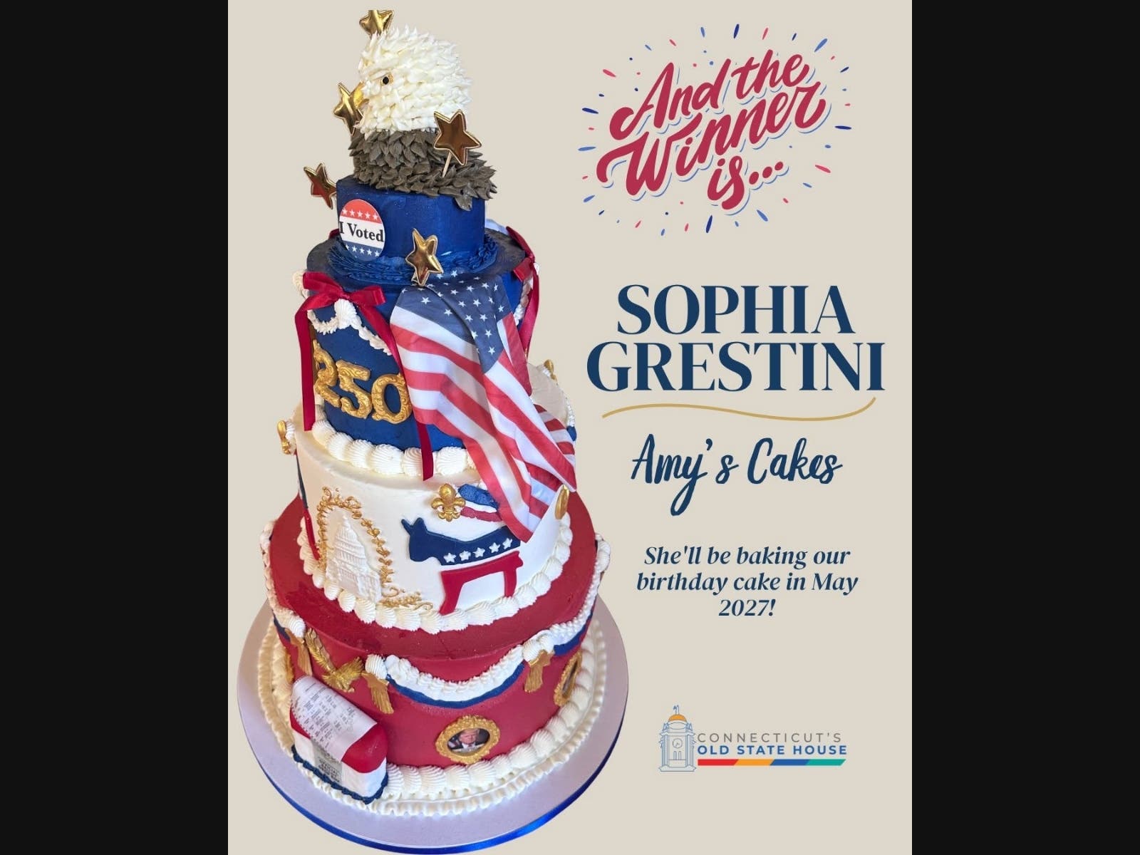 A Cheshire baker won the Old State House's recent Election Cake Bake-Off in Hartford.