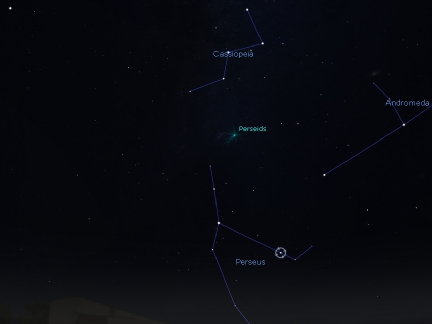 This Stellarium open-source image shows the sky just after midnight on Aug. 1, with the Perseus constellation showing the shower’s radiant point between the stick figure of Perseus and Cassiopeia in the northeast part of the sky.