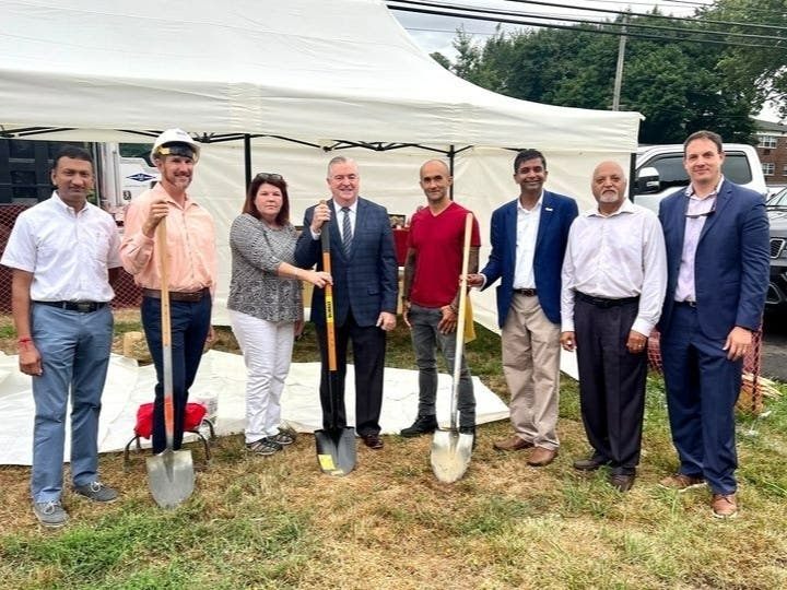 The groundbreaking for the NJ Leaf/Monmouth Wellness and Healing medical cannabis dispensary. Mayor Kevin Kane is at center, with Councilwoman Annette Jordan. Also there were company partners Raj Pipalia and Ritesh Shah and project professionals.  