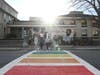 (From left) Gloucester High students Grace Boucher, Linda Toromo, Trinity O’Leary, Nathaniel Oaks, and Darcy Muller celebrate Sawyer Free Library's coming renewal.