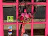 The green pedestrian safety sticker in the window at Clark's Flower Shop at 101 North State Street.