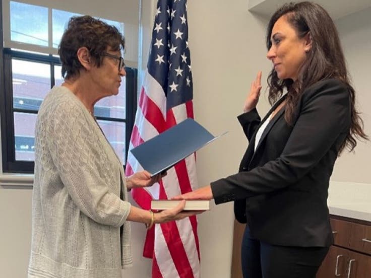 Doylestown Mayor Noni West swears in Nicole Crescenzo as a part-time officer with the Central Bucks Regional Police Department.