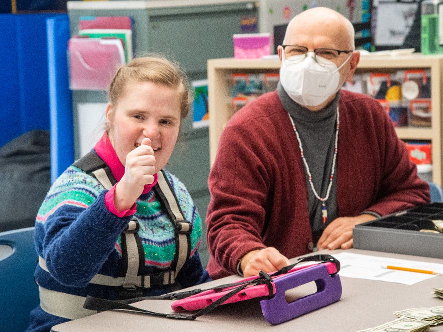 A New Hope-Solebury students gives a thumbs up to the BRIDGE program.