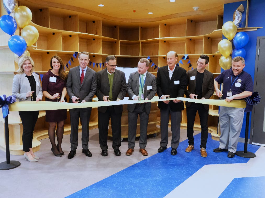 School leaders join several community leaders in cutting the ribbon on the new STEAM Lab at New Hope-Solebury.