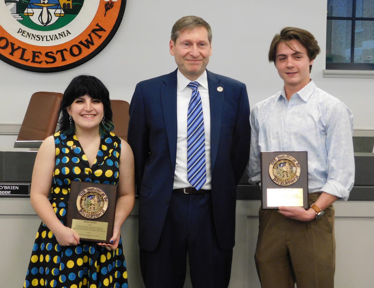 Councilman Ben Bell with Student Leadership Award recipients Reese Grasso and Jackson Manning.