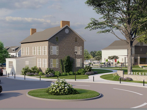 A rendering showing the restored farmhouse and barn (in back).