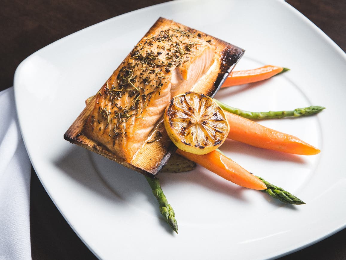 Cedar-roasted organic salmon.