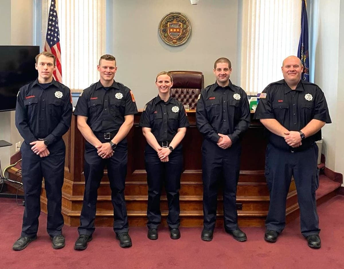 Newtown Fire Rescue's five new career firefighters are, from left, Lucas Rosenthal, Tyler Starkey, Meg Cox, Ethan Tecker and Dan Burk.