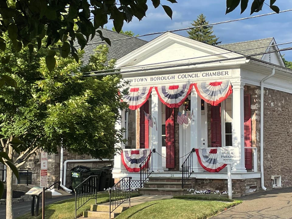 The historic Newtown Borough Hall on North State Street.