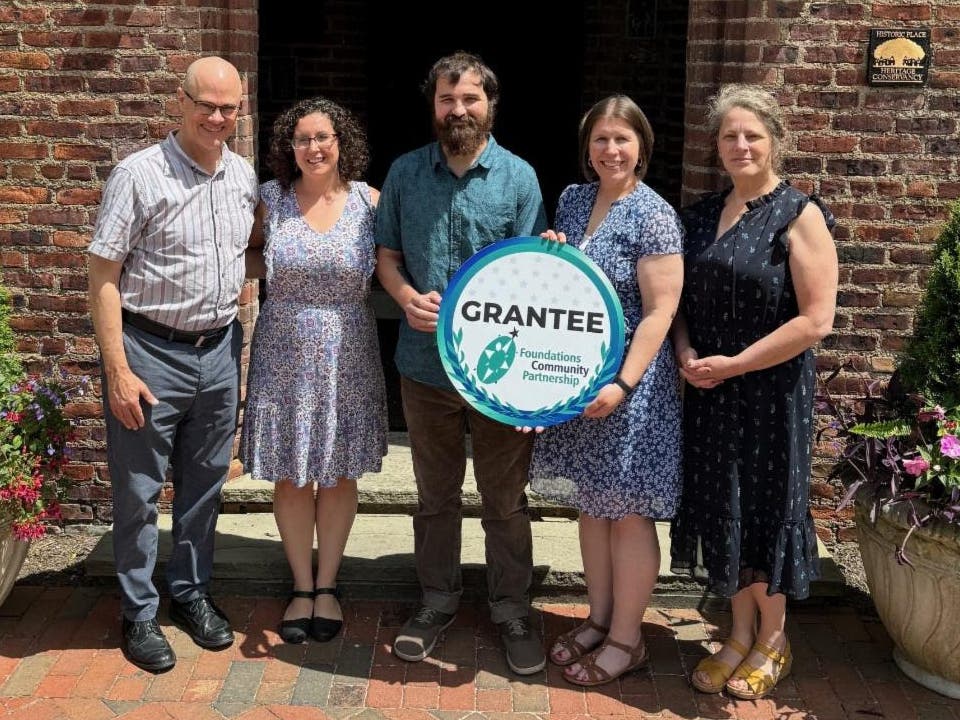 Members of the Heritage Conservancy team accept a grant from Foundations. From left: President/CEO Bill Kunze, Katie Paone-Kulp, Joe Ganguzza, Shannon Fredebaugh-Siller, and vice president Kris Kern.