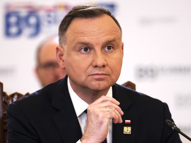 Polish President Andrzej Duda speaks during the Bucharest Nine (B9) Summit at the Cotroceni Presidential Palace in Bucharest, Romania, Friday, June 10, 2022.