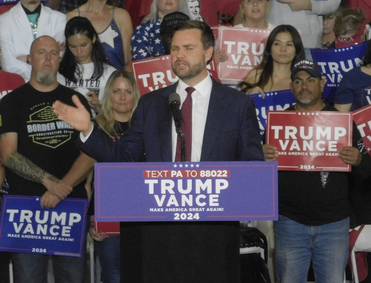 Republican vice presidential nominee JD Vance addresses Saturday's rally in Newtown Township. 