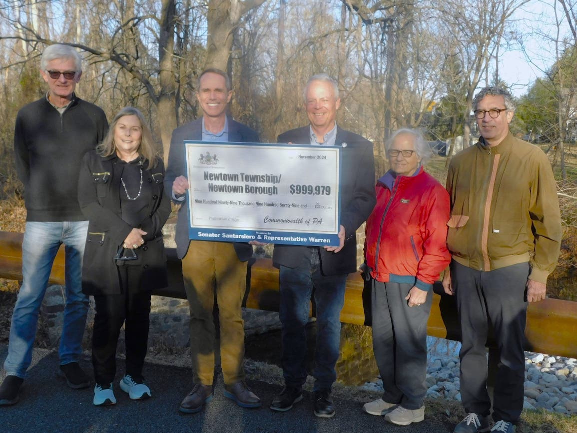 From left: Mike Sellers, Newtown Creek Coalition; Elen Snyder, Newtown Township Supervisor; State Sen. Steve Santarsiero; State Rep. Perry Warren; Newtown Borough Councilor Julia Woldorf; and Newtown Borough Manager Craig Totaro.