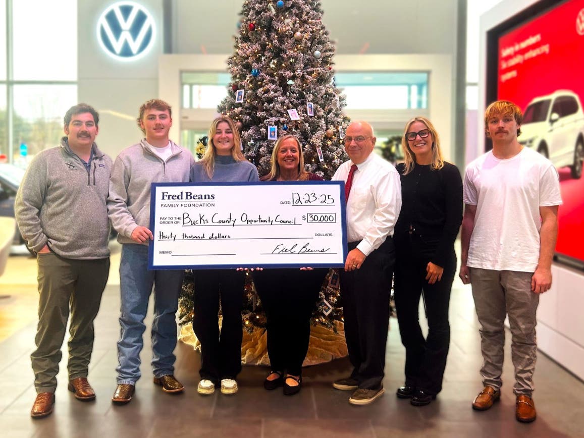 In the center from the Bucks County Opportunity Council are CEO Erin Lukoss and Director of Development Joseph Cuozzo. Pictured from the Beans family, from left, are Chase Keiser, Charlie Keiser, Paige Gilbert, Alexandra Gilbert and Connor Keiser.