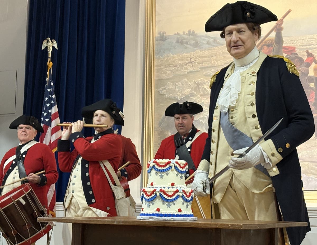 General George Washington (John Godzieba) celebrates hits 294th birthday at Washington Crossing Historic Park.