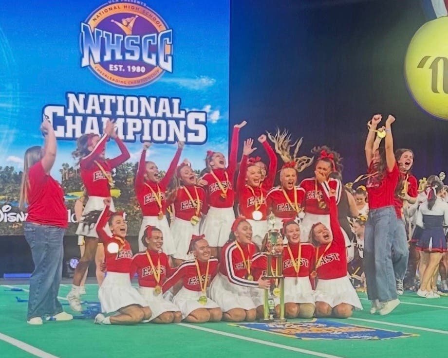The CB East Cheer Team reacts after winning its national championship.