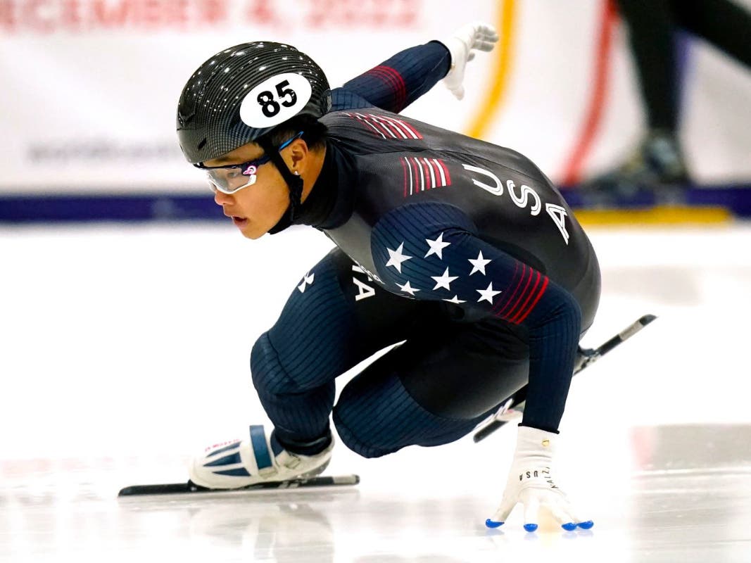 FILE - The United States' Andrew Heo skates during the semi-final of the men's 500 meters at the Four Continents Championship short track speedskating event Friday, Nov. 11, 2022.