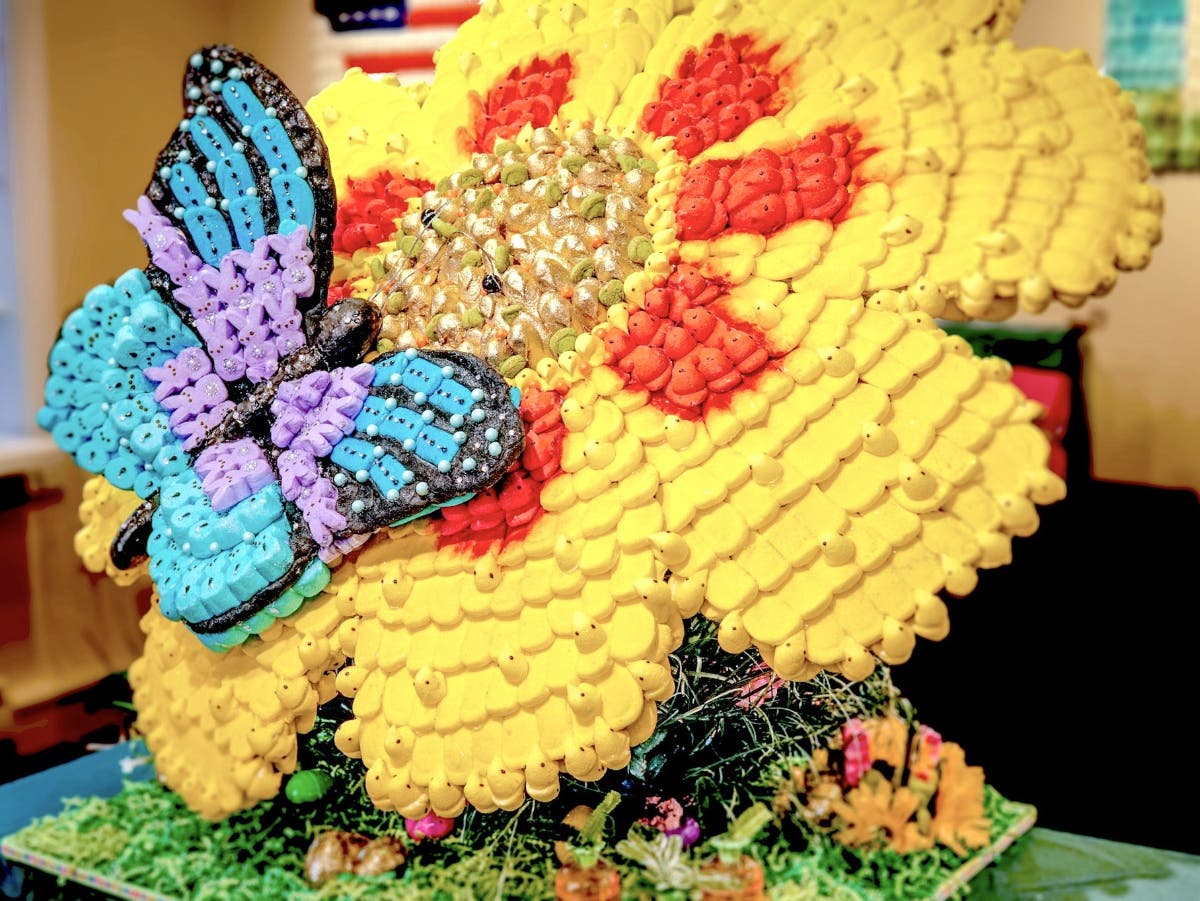 A butterfly and a flower, all made with Peeps.